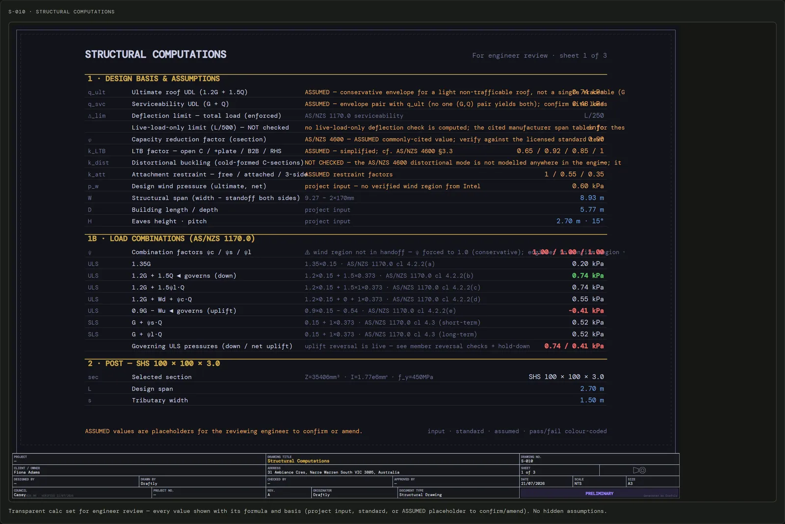 Structural computations sheet S-010 with the AS/NZS 1170 load combinations and pass/fail checks for the same job.