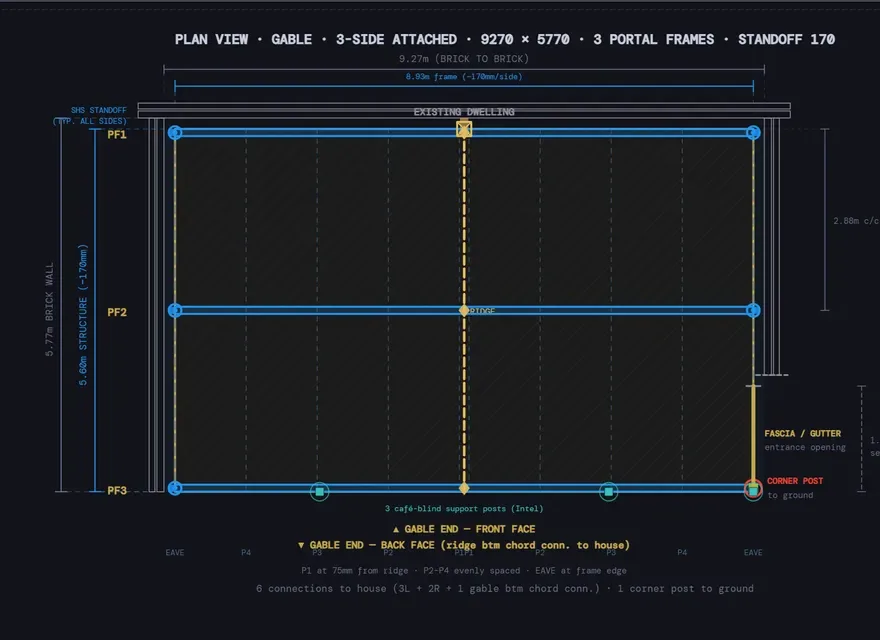 Drafting plan view of the same structure: post locations, portal frames, purlin lines and dimension chains carried through from the engineering model.